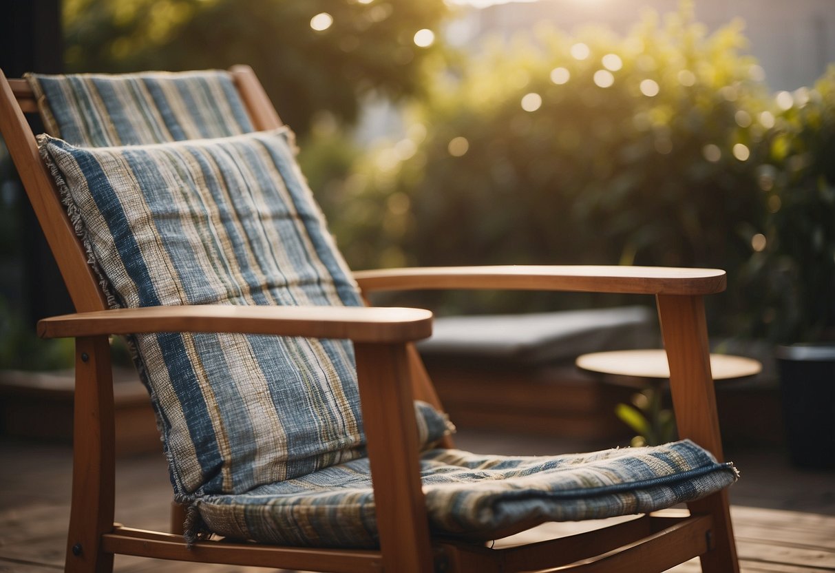 A patio chair with worn-out fabric slings being replaced with new ones by a person