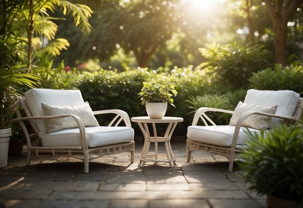 A serene outdoor setting with white cane furniture, surrounded by lush greenery and bathed in warm sunlight