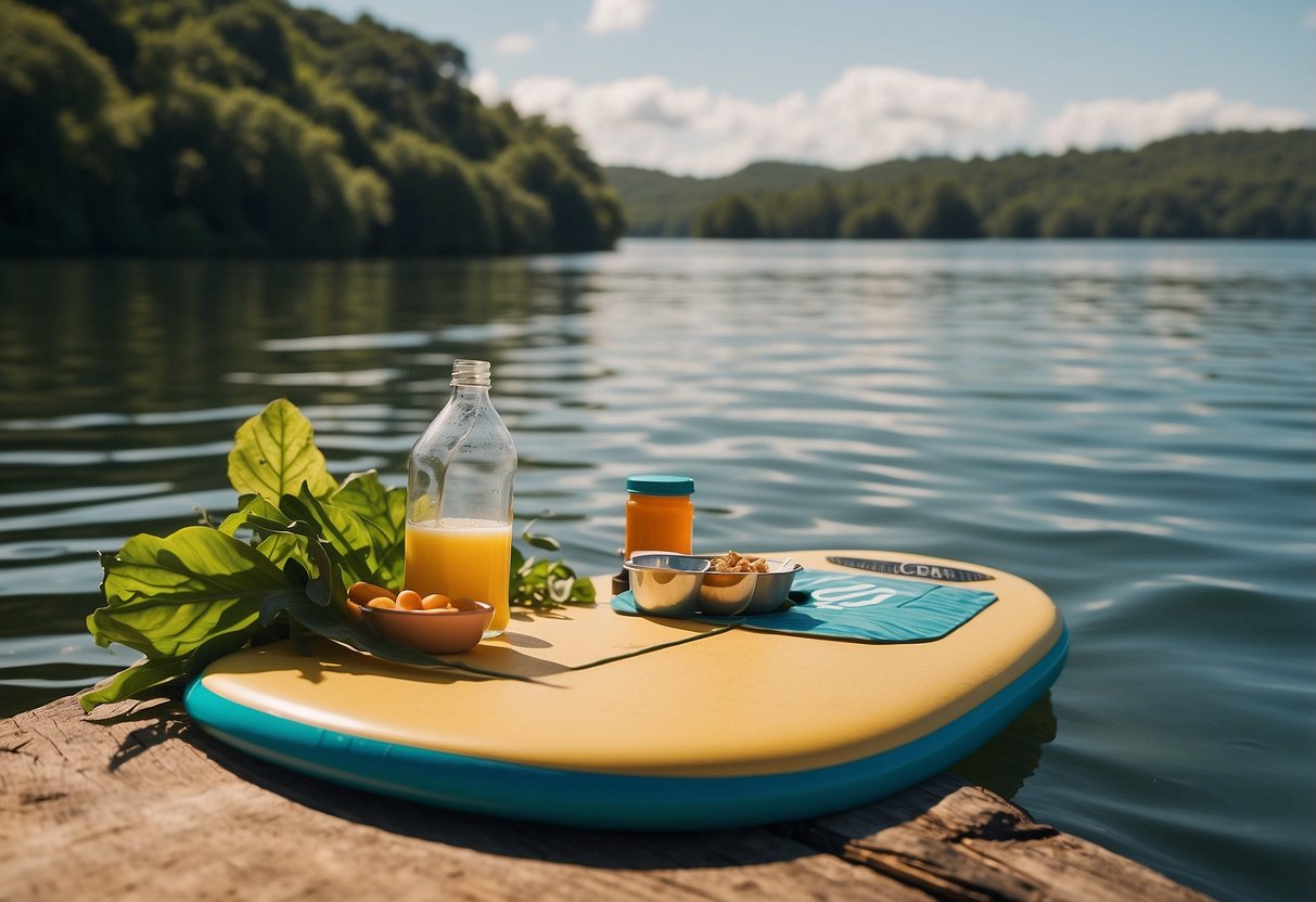 A paddleboard floats on calm water, surrounded by lush greenery. A bag of Mary's Gone Crackers snacks sits on the board, alongside a water bottle and sunscreen