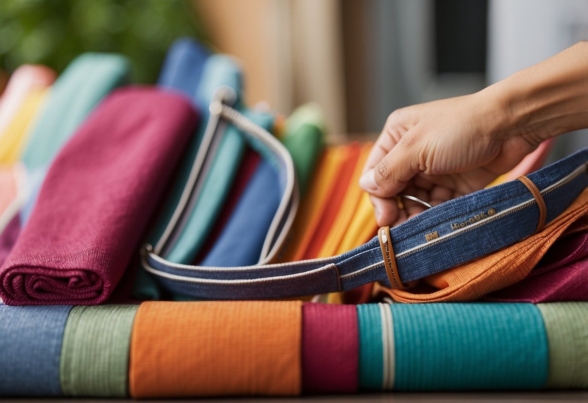 A person measuring and selecting replacement slings for outdoor furniture, surrounded by a variety of colorful fabric options