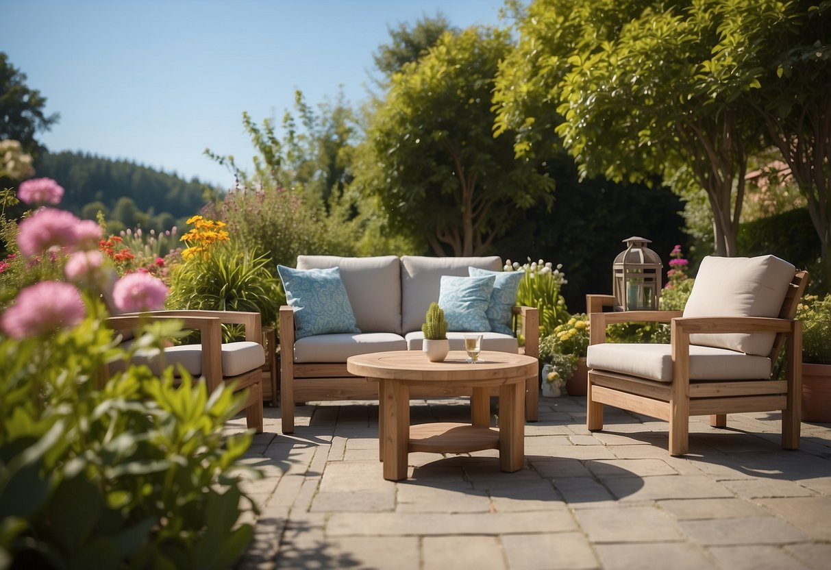 A garden furniture set displayed in a tranquil outdoor setting, surrounded by lush greenery and colorful flowers, with a clear blue sky in the background