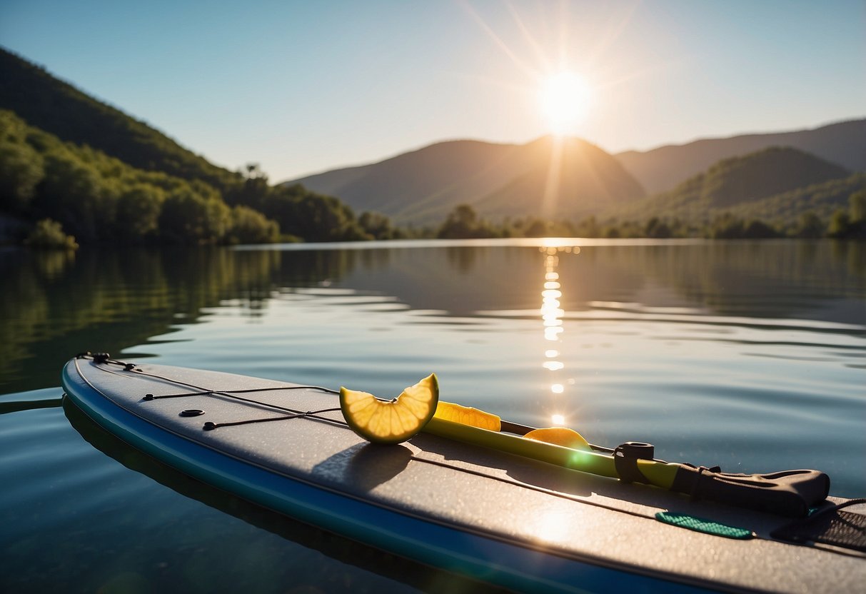 A paddleboard sits on calm water, surrounded by a scenic landscape. A small bag of Perfect Bar snacks is placed nearby, with the sun shining overhead