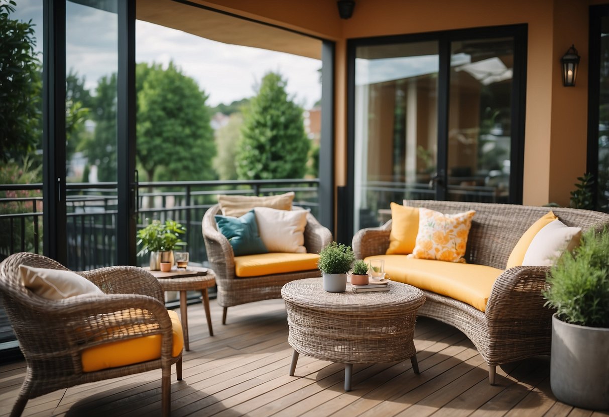 A cozy outdoor furniture store displays various balcony sets with colorful cushions and small tables