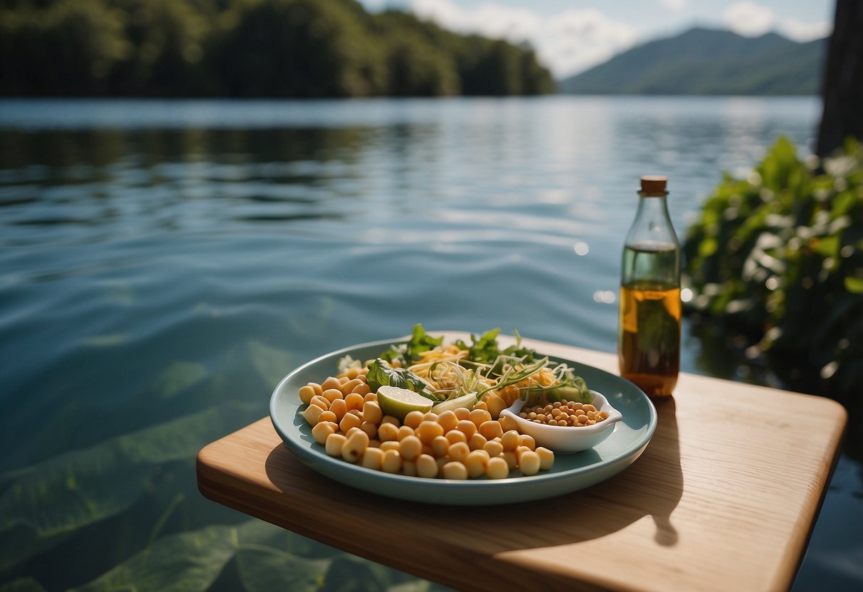 A paddleboard rests on calm water, surrounded by lush greenery. A bag of Biena Chickpea Snacks sits on the board, ready for a satisfying snack during a peaceful paddleboarding trip