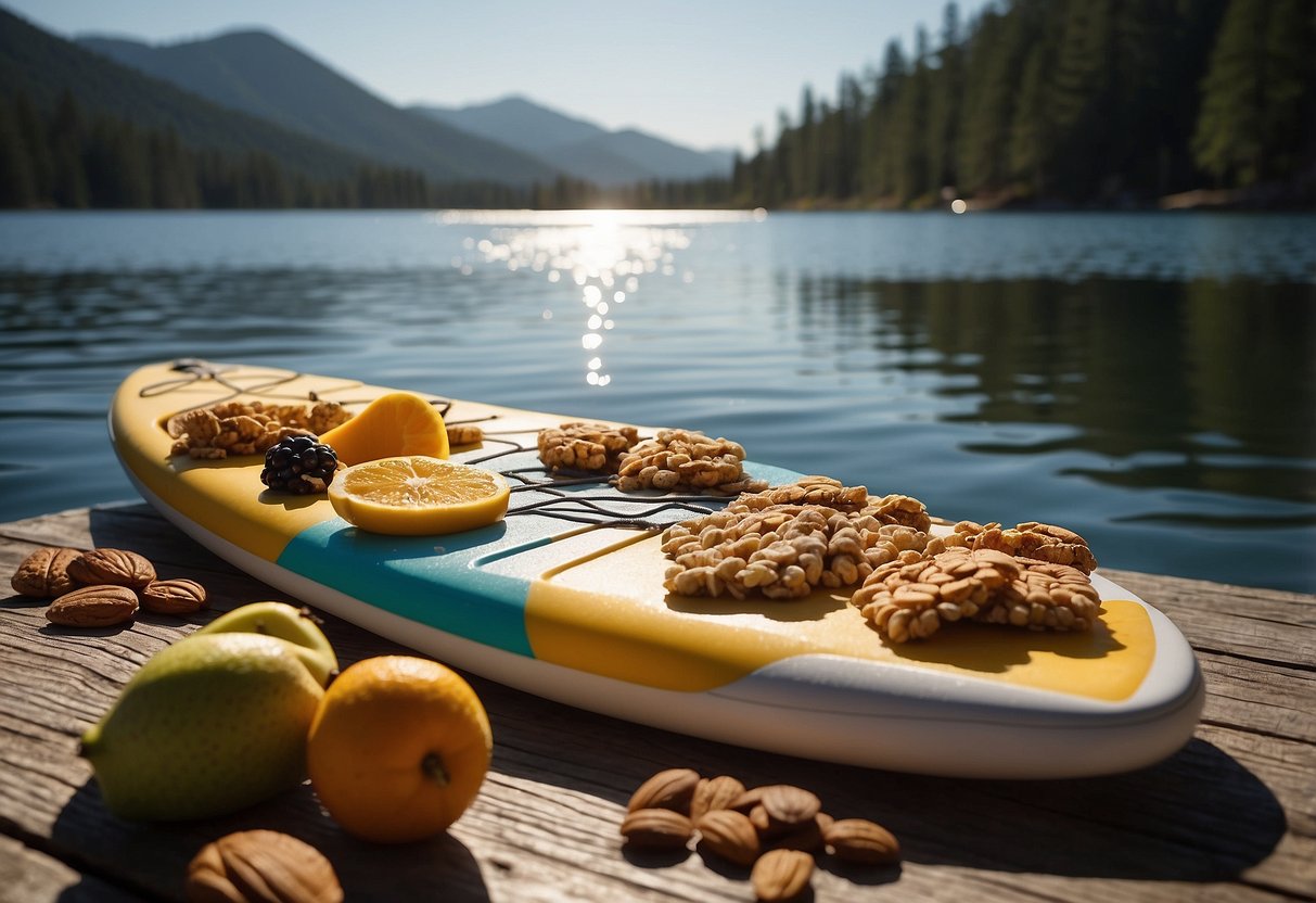 A paddleboard rests on calm water, surrounded by a variety of lightweight snacks such as trail mix, granola bars, and fruit. The sun shines overhead, creating a peaceful and inviting atmosphere for a paddling adventure