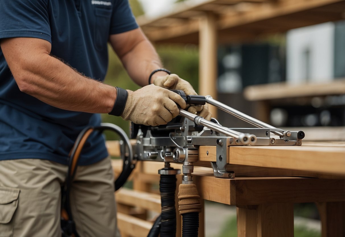 A technician installs new slings onto outdoor furniture frames using specialized tools and equipment