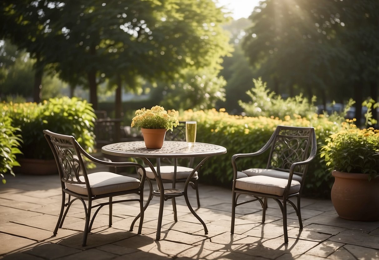 A patio with a table and chairs, each with a new replacement sling. The sun is shining, and there are trees and flowers in the background