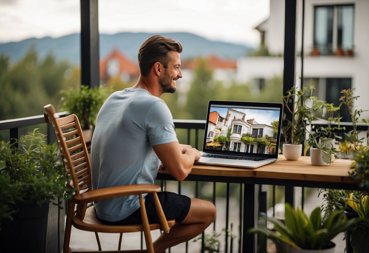 A customer browsing a website with a variety of balcony furniture options, looking for answers to frequently asked questions about where to buy