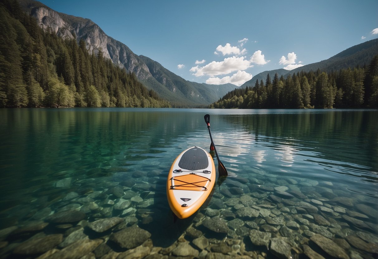 A serene lake surrounded by lush greenery and towering mountains. A paddleboard glides across the calm water, with a sense of adventure and exploration in the air