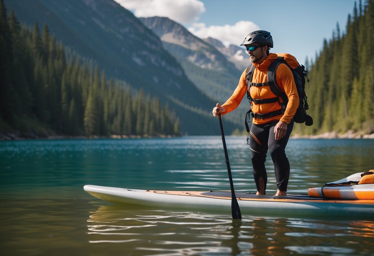 A paddleboarder in backcountry wears safety gear: helmet, life jacket, and appropriate clothing. They carry a whistle and a waterproof map in a dry bag