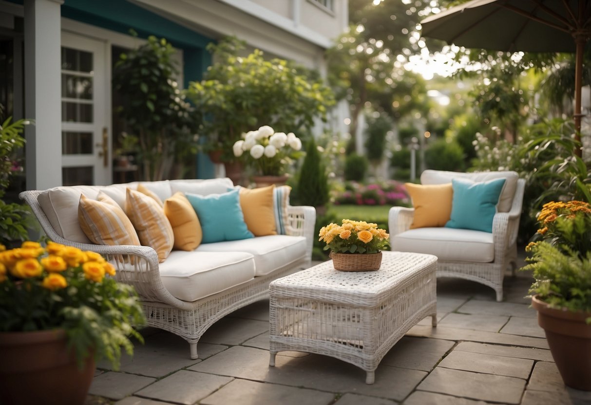 A serene outdoor space with white cane furniture arranged on a patio. Lush greenery and colorful flowers surround the seating area, creating a peaceful and inviting atmosphere