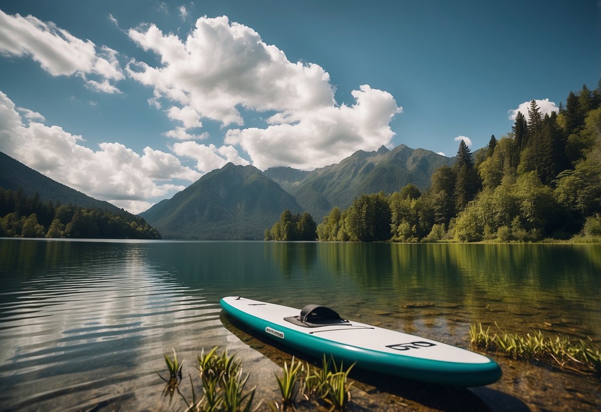 A serene lake surrounded by lush greenery, with a paddleboard resting on the calm water. A distant mountain range adds to the scenic backdrop