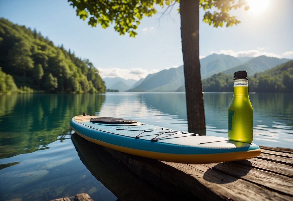 A paddleboard rests on a calm, blue lake surrounded by lush green trees and mountains. A water bottle sits on the board, reminding the viewer to stay hydrated