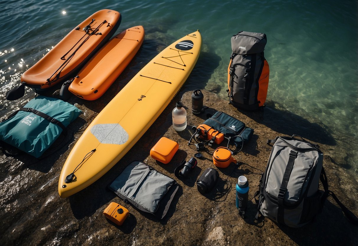 A paddleboarder packs light gear in a scenic backcountry setting, with a paddleboard, paddle, life jacket, water bottle, and sunscreen