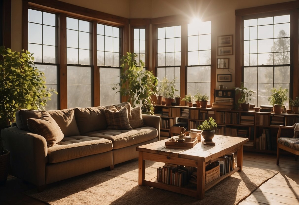 A cozy living room with a reclaimed wood coffee table, bookshelves, and a dining table surrounded by mismatched chairs. Sunlight streams in through large windows, casting warm, natural hues on the furniture