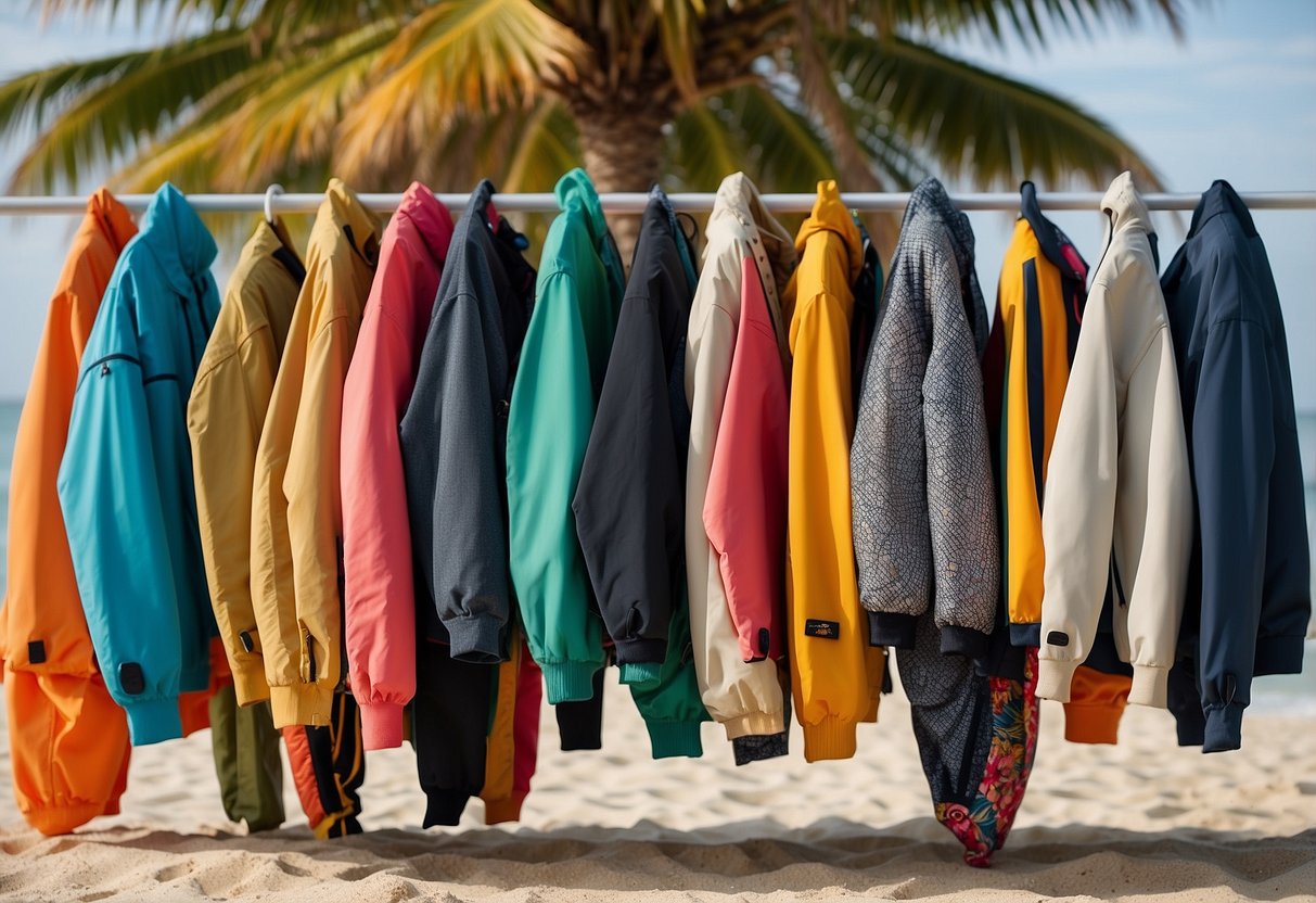 A colorful array of lightweight jackets hanging on a beachside rack, with a paddleboard resting against a palm tree in the background