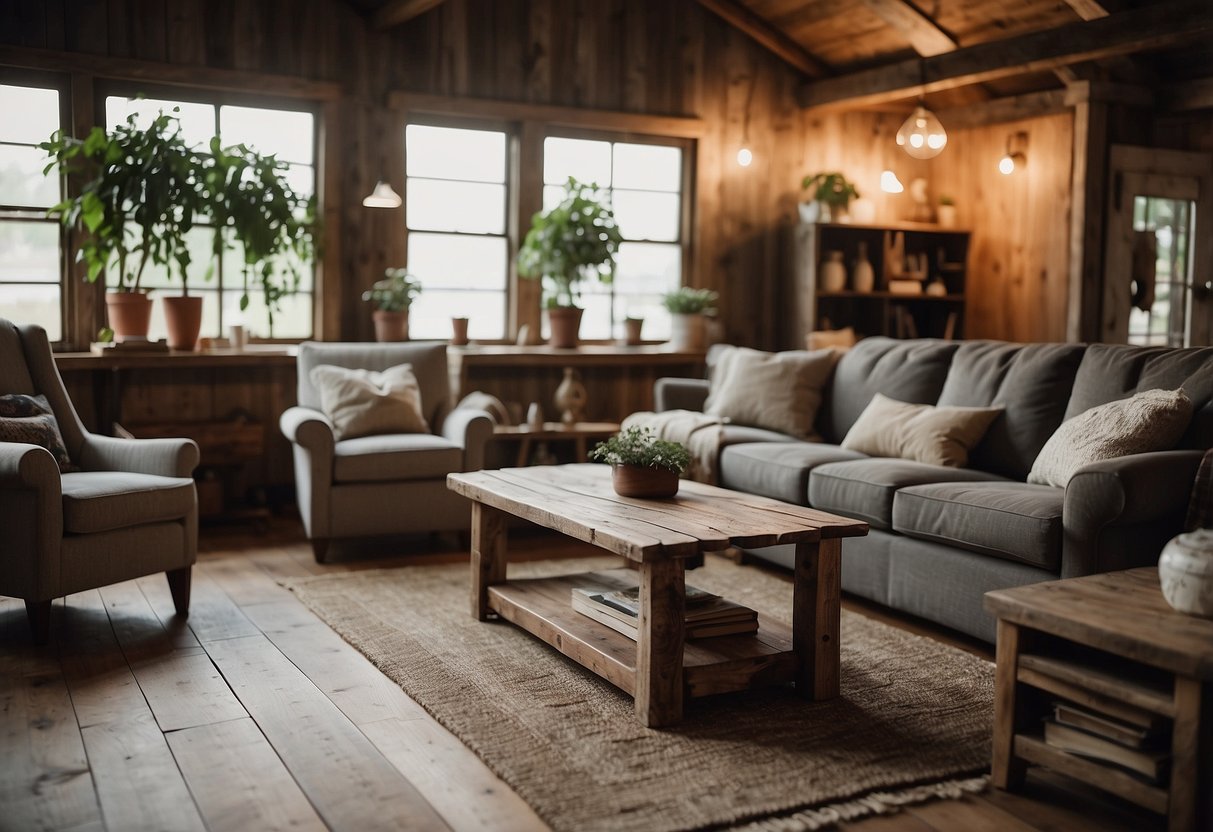 A cozy living room with a rustic reclaimed wood coffee table, a weathered barn wood bookshelf, and a distressed wood dining table surrounded by mismatched chairs