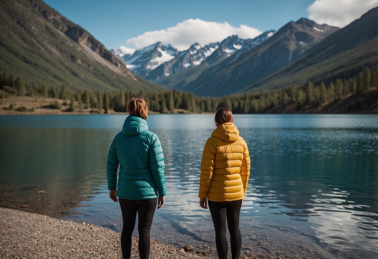 A figure paddles on a tranquil lake, wearing a Patagonia Houdini Jacket, surrounded by mountains and clear blue skies