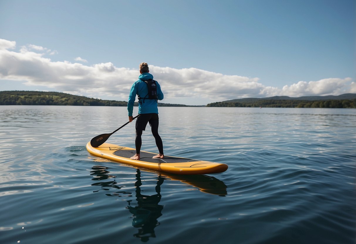 A paddleboarder wearing The North Face Cyclone Jacket glides on calm water under a clear blue sky. The lightweight jacket flutters in the breeze as the paddleboarder enjoys a serene day on the water