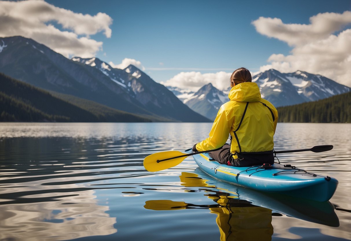 The bright yellow Outdoor Research Helium II jacket is being worn by a paddleboarder on a calm, sunny lake. The jacket is lightweight and sleek, providing protection without hindering movement