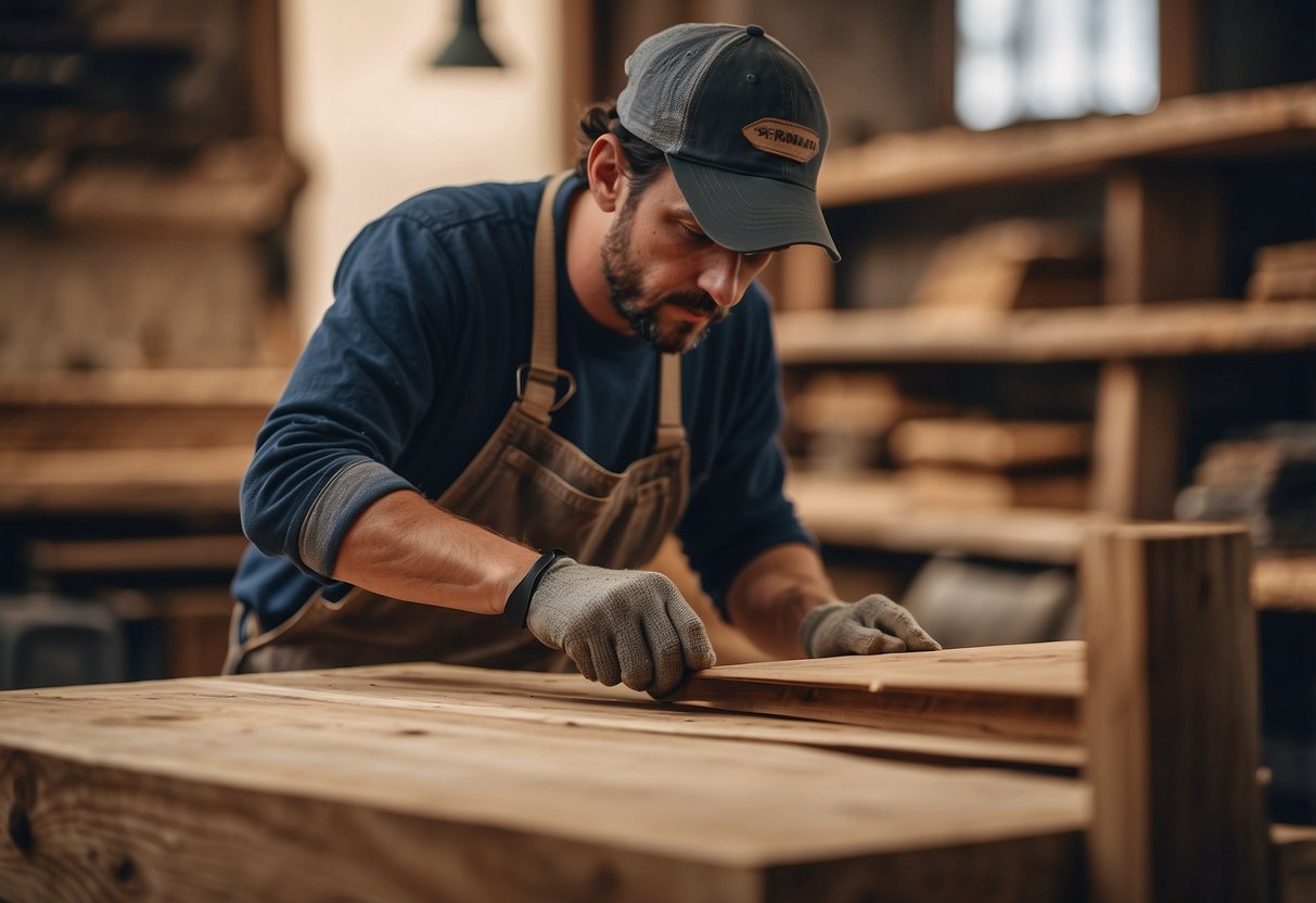 A carpenter carefully sanding and shaping reclaimed wood into a beautiful and sustainable piece of furniture