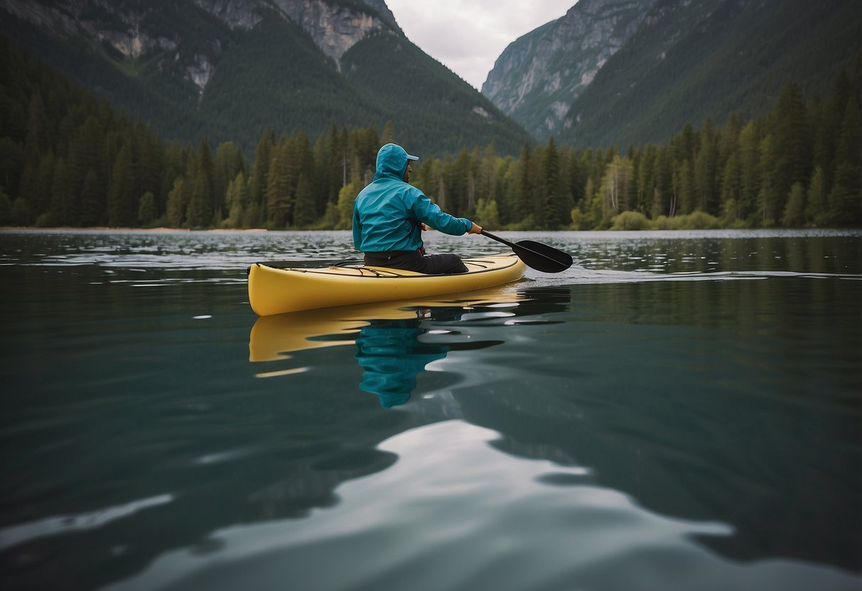 A figure paddles through calm waters, wearing the Arc'teryx Squamish Hoody. The lightweight jacket flaps in the breeze as the paddler glides across the serene surface