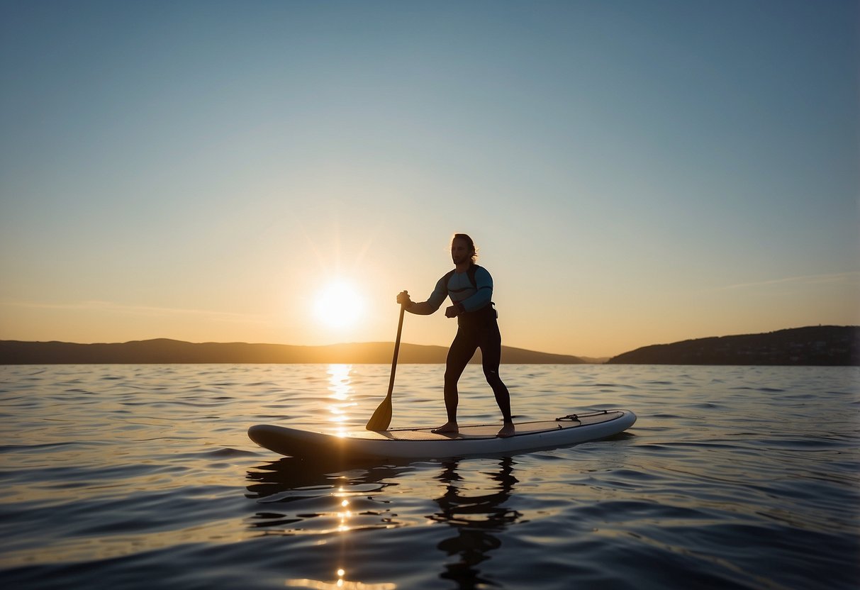 A paddleboarder wearing a lightweight jacket glides across calm waters, with the sun shining overhead. The jacket's breathable material keeps the paddler comfortable and protected from the elements