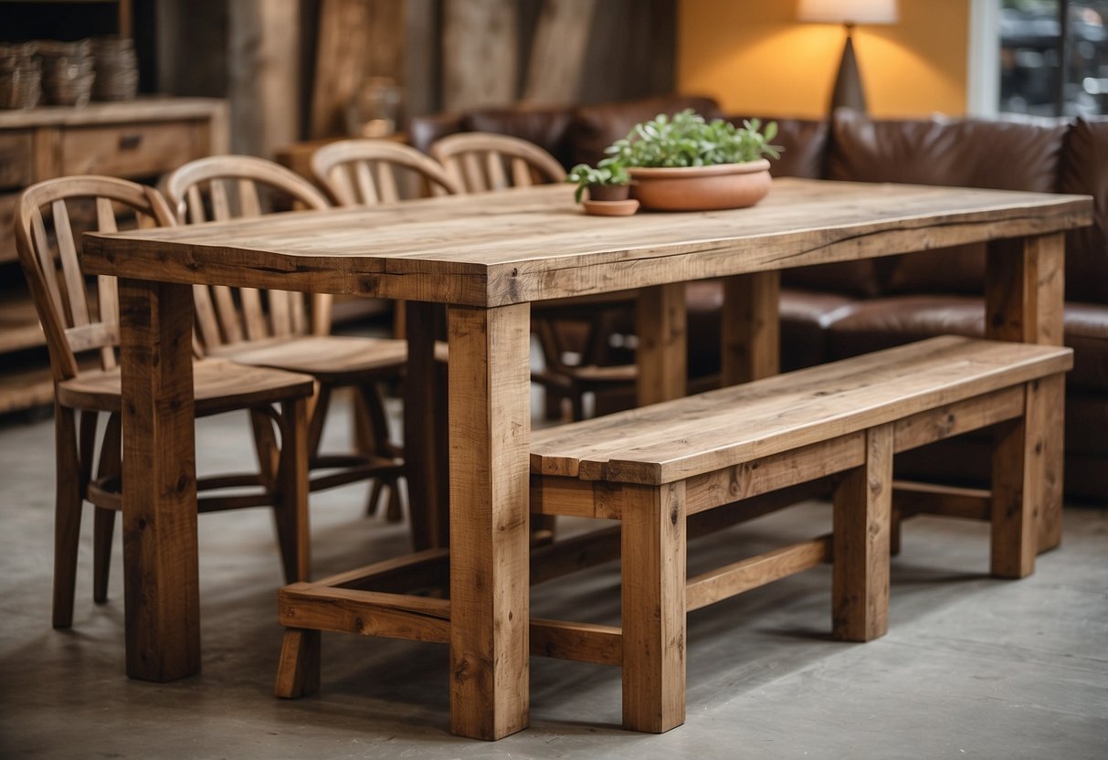 Reclaimed wood furniture displayed in a rustic, well-lit showroom with a variety of pieces such as tables, chairs, and shelves