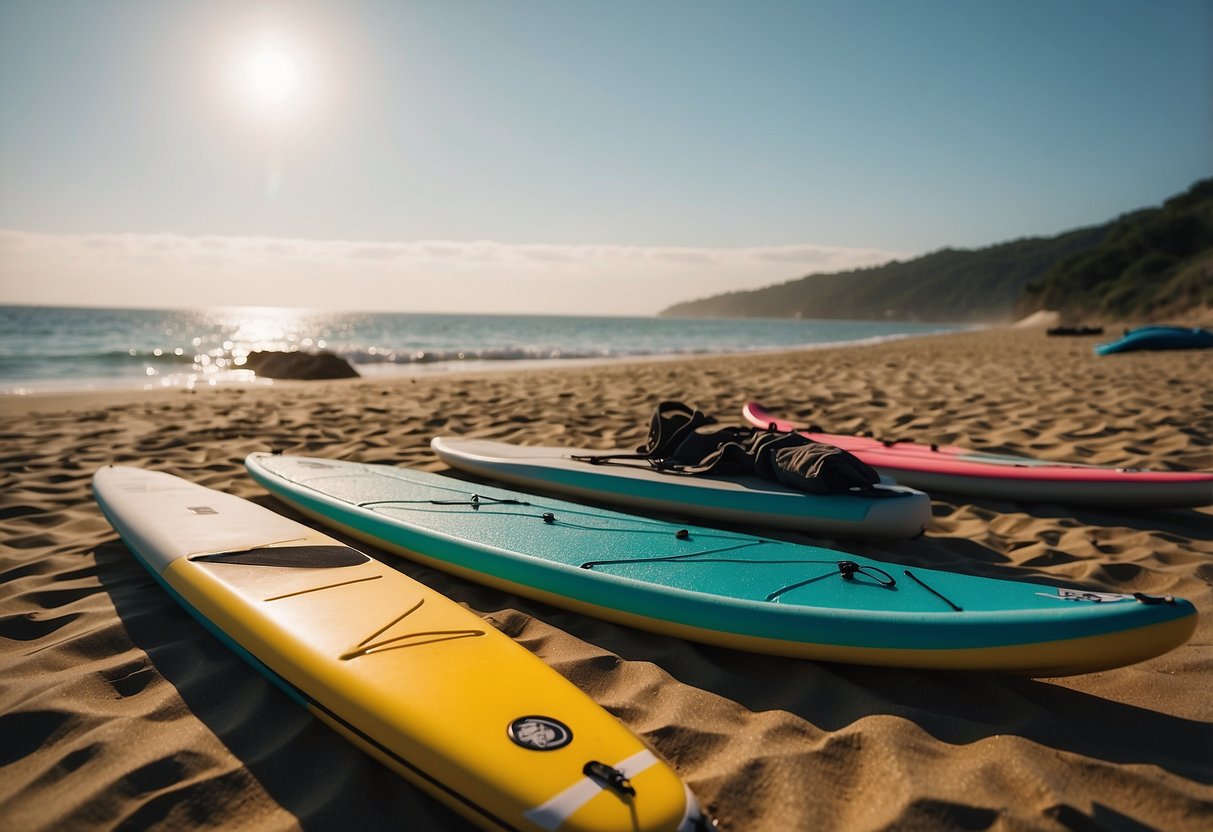 A sunny beach with calm waters, a paddleboard, and five different lightweight jackets laid out for comparison