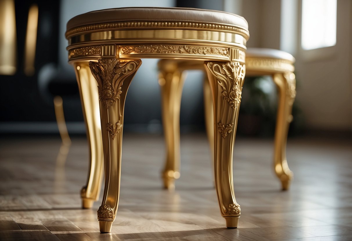Golden furniture legs gleam in the soft light, reflecting the room's elegance. Intricate details and smooth lines catch the eye, inviting exploration