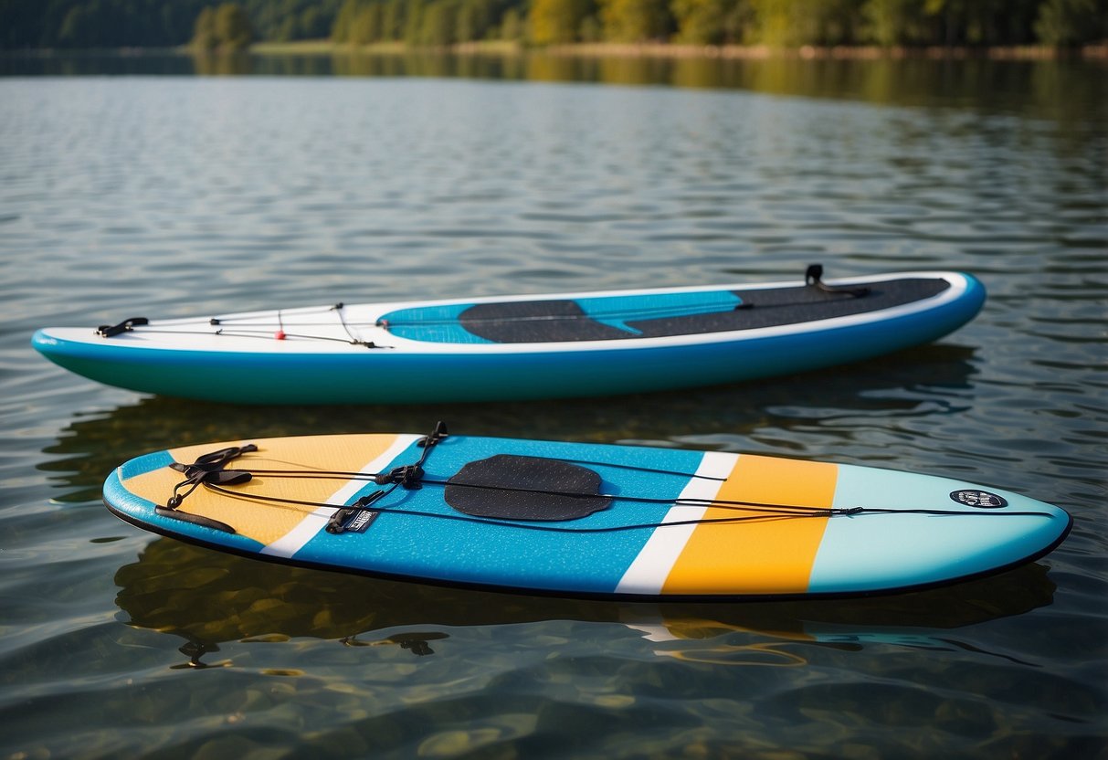 Paddleboard on calm water with gear in waterproof bags and containers. Clear skies and gentle breeze. No signs of rain