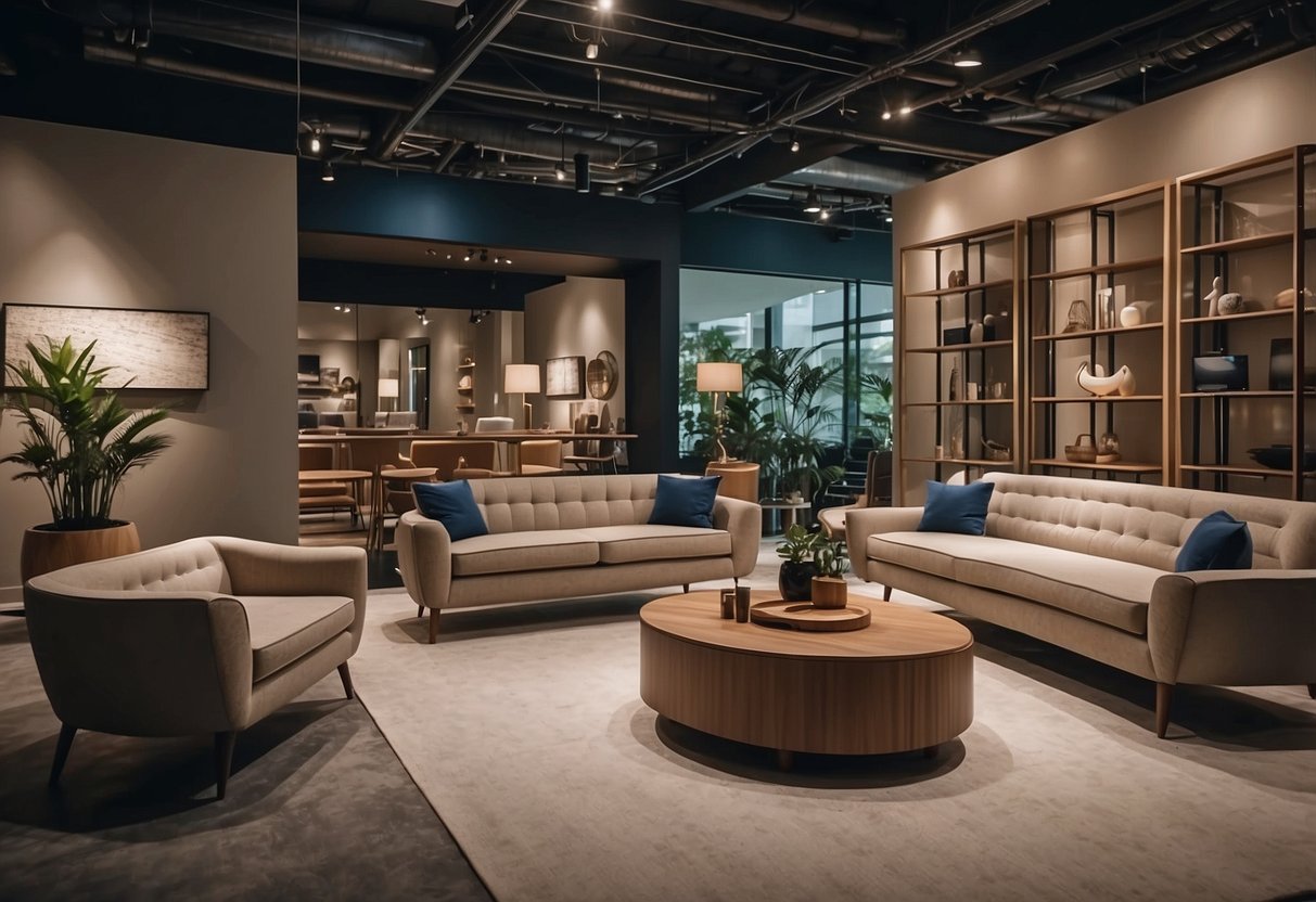 A bustling furniture showroom in Singapore showcases modern designs and traditional craftsmanship, with potential for growth and innovation in the industry