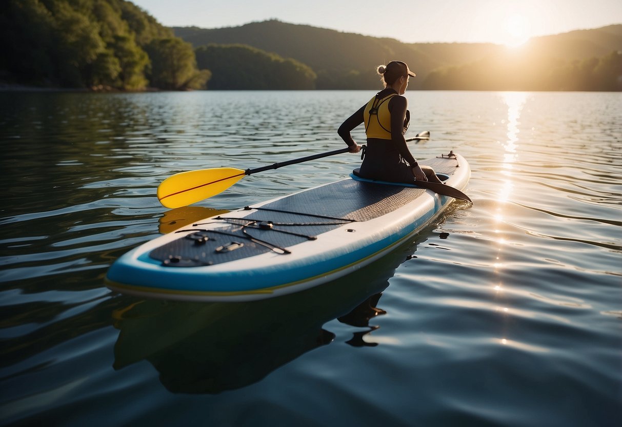 A paddleboarder secures their gear in a waterproof case, surrounded by a calm, glassy body of water. The sun is shining, creating a serene and peaceful atmosphere