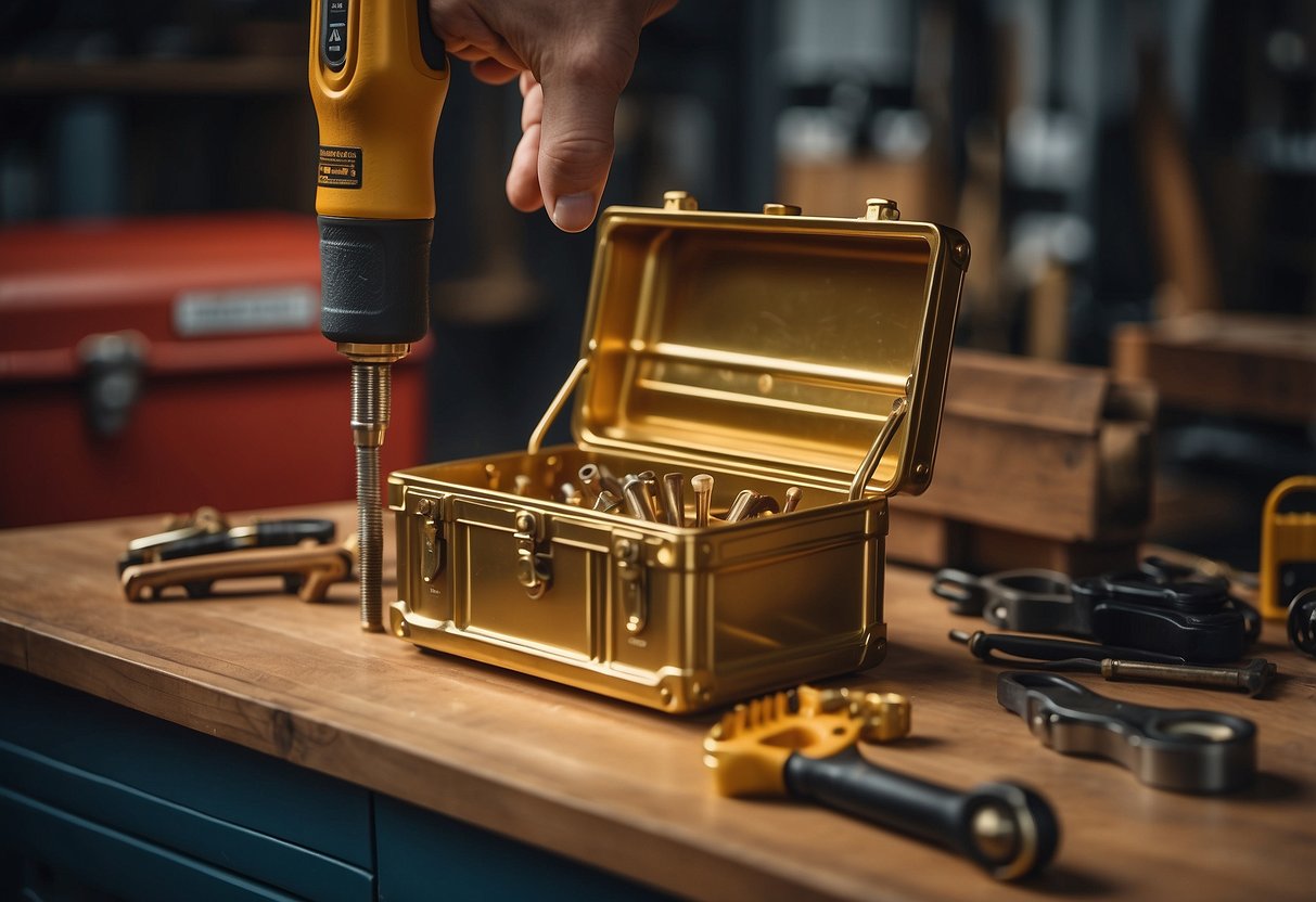 A hand holding a gold furniture leg, next to a toolbox and maintenance tools