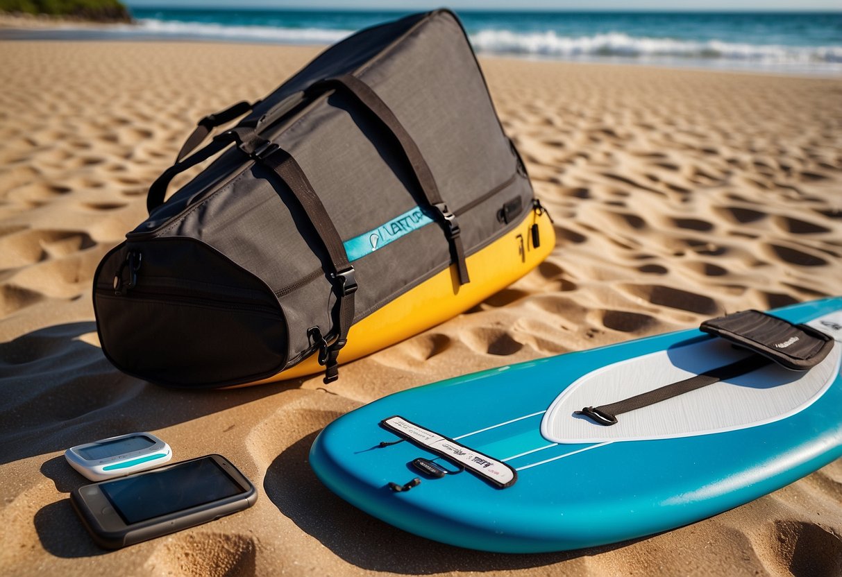 A paddleboard sits on a sandy beach, surrounded by 10 different types of waterproof board bags. The sun shines down on the scene, highlighting the various ways to keep gear dry while paddleboarding