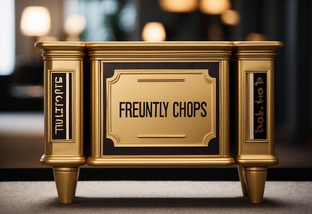 Golden furniture legs arranged in a neat row, with a sign reading "Frequently Asked Questions" displayed prominently nearby