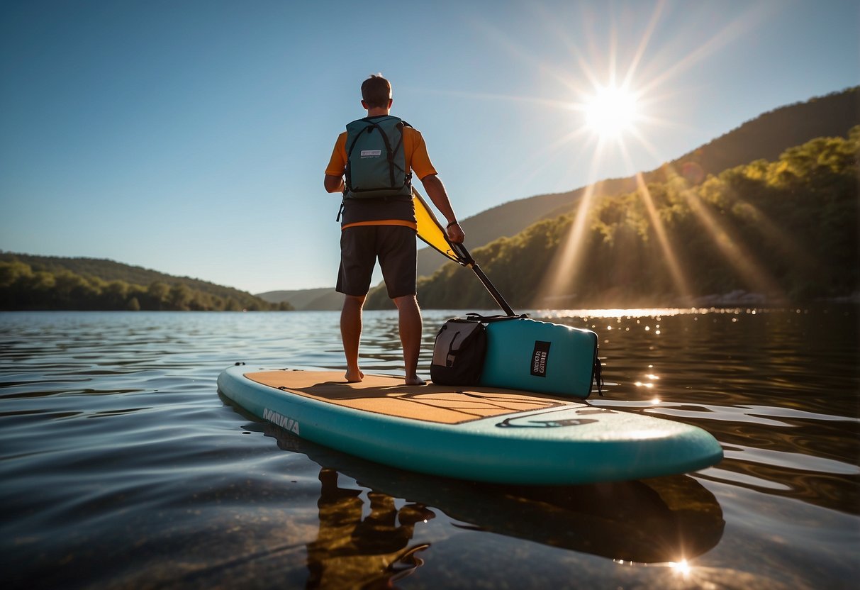 A paddleboard sits on calm water, surrounded by waterproof bags, dry boxes, and a secure paddle leash. The sun shines down on the gear, highlighting its durability and reliability