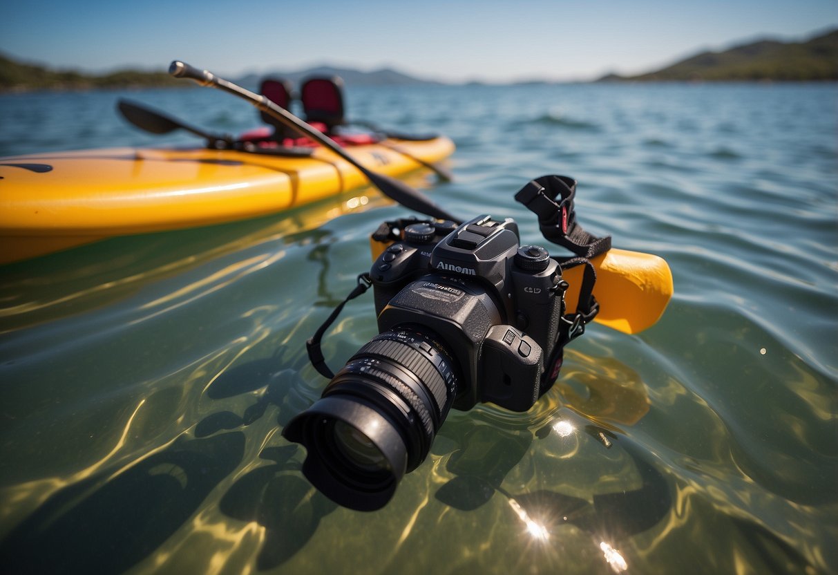 A waterproof camera float bobs on calm water, surrounded by paddleboarding gear in dry bags. Waves gently lap against the boards, as the sun shines brightly overhead