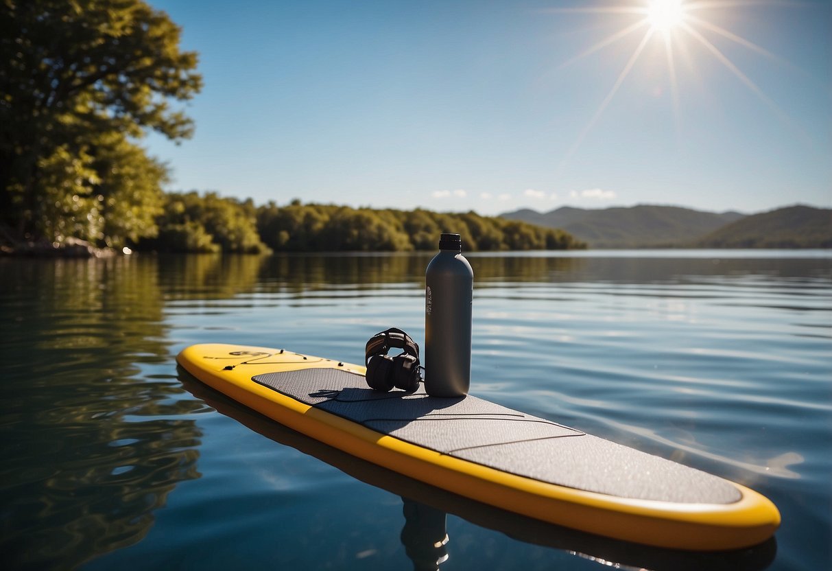 A paddleboard sits on calm water, surrounded by waterproof sunscreen, dry bags, and a waterproof phone case. The sun shines down on the scene, with a clear blue sky overhead