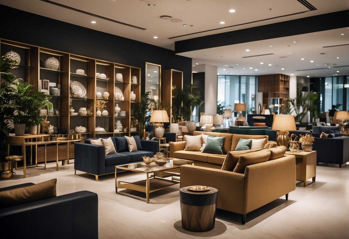 A busy furniture showroom in Singapore, with customers browsing and staff assisting. Displays of modern and traditional pieces fill the space