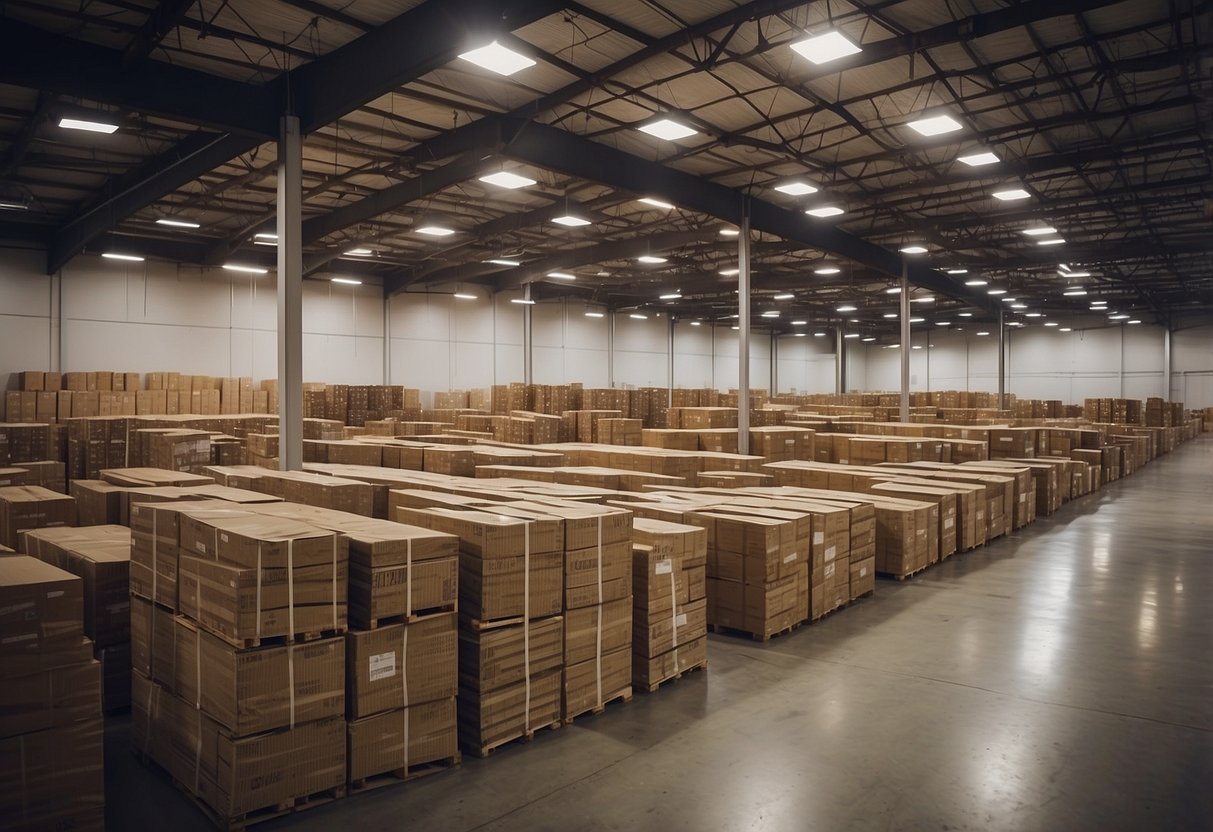 A warehouse filled with rows of discounted furniture, marked with wholesale prices and ready for purchase