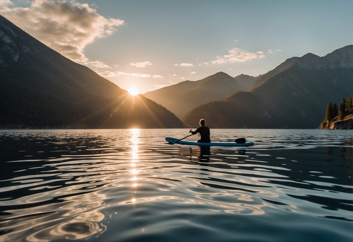 A paddleboard glides across a serene mountain lake. The sun reflects off the calm water as the boarder navigates the clear, high-altitude air