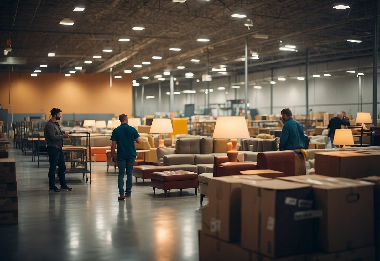 Customers browsing rows of discounted furniture in a spacious warehouse with bright lighting and colorful displays