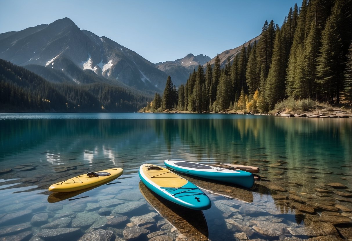 A serene mountain lake with paddleboards floating on the clear, calm water. Surrounding peaks are visible in the distance, with a clear blue sky overhead