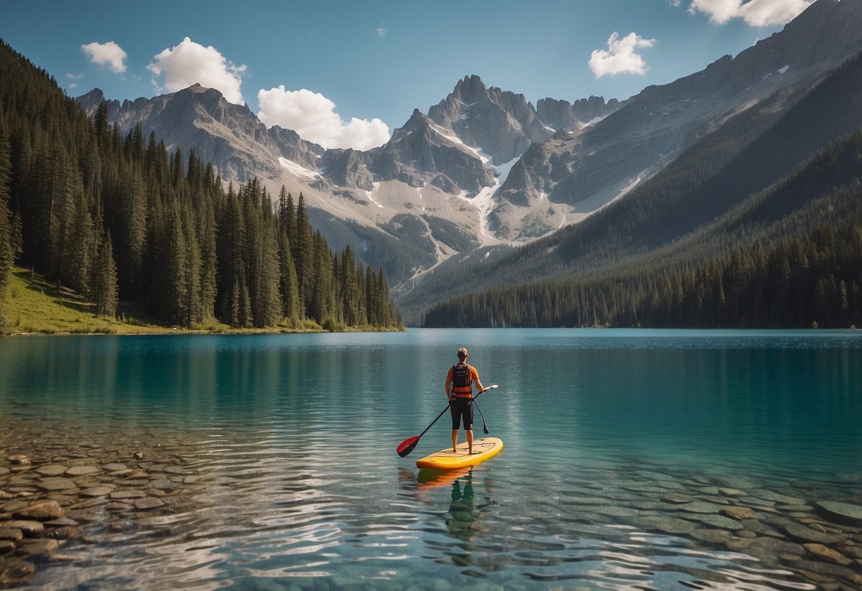 A paddleboarder glides across a serene alpine lake, surrounded by towering peaks and clear blue skies. The larger board provides stability as the paddler navigates the high-altitude waters