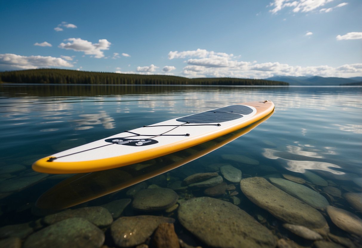 A paddleboard floats on a calm, high-altitude lake. The sky is clear, with a few wispy clouds. The air is crisp and fresh, with a gentle breeze