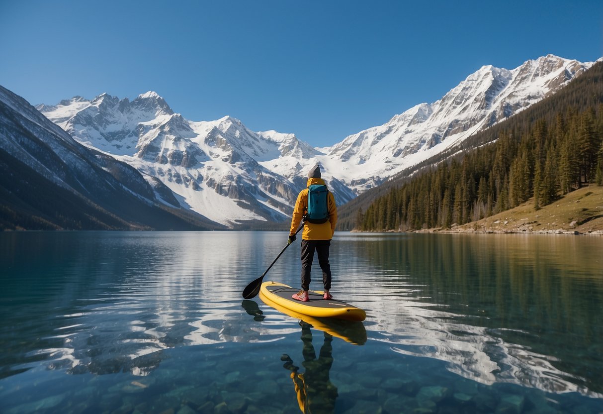 A paddleboarder on a serene mountain lake, surrounded by snow-capped peaks. The water is calm, reflecting the clear blue sky. The paddleboarder is dressed in layers, with a warm hat and gloves, ready for the high altitude adventure