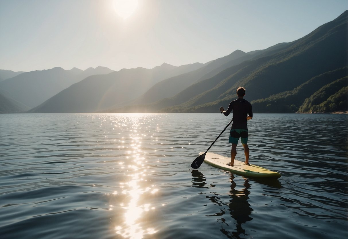 A paddleboarder applies high SPF sunscreen in a mountainous setting. The sun shines brightly as the board glides on calm waters