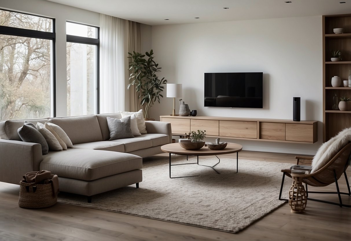 A spacious living room with modern, sleek furniture arranged for comfort and functionality. Neutral colors and soft textures create a cozy, inviting atmosphere