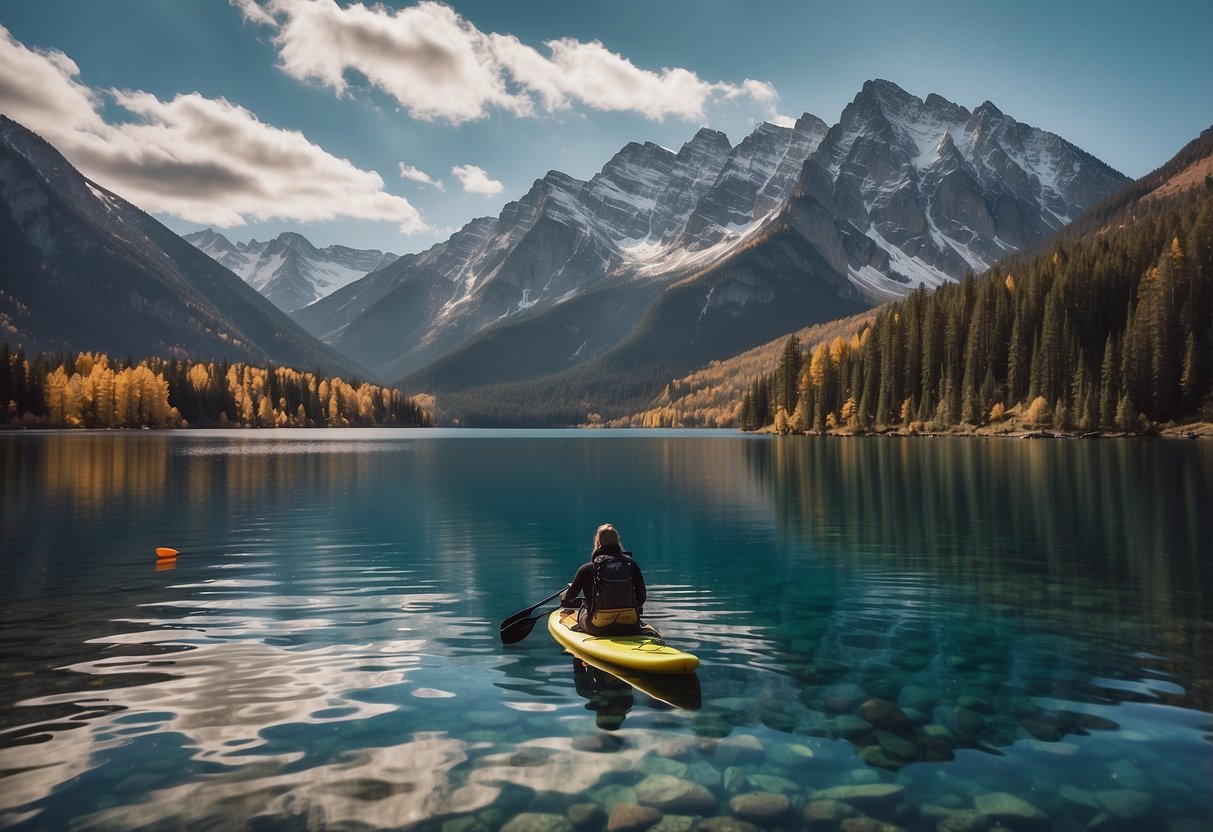 A paddleboard on a serene mountain lake, surrounded by snow-capped peaks. A digital oxygen monitor sits on the board, displaying the high altitude levels